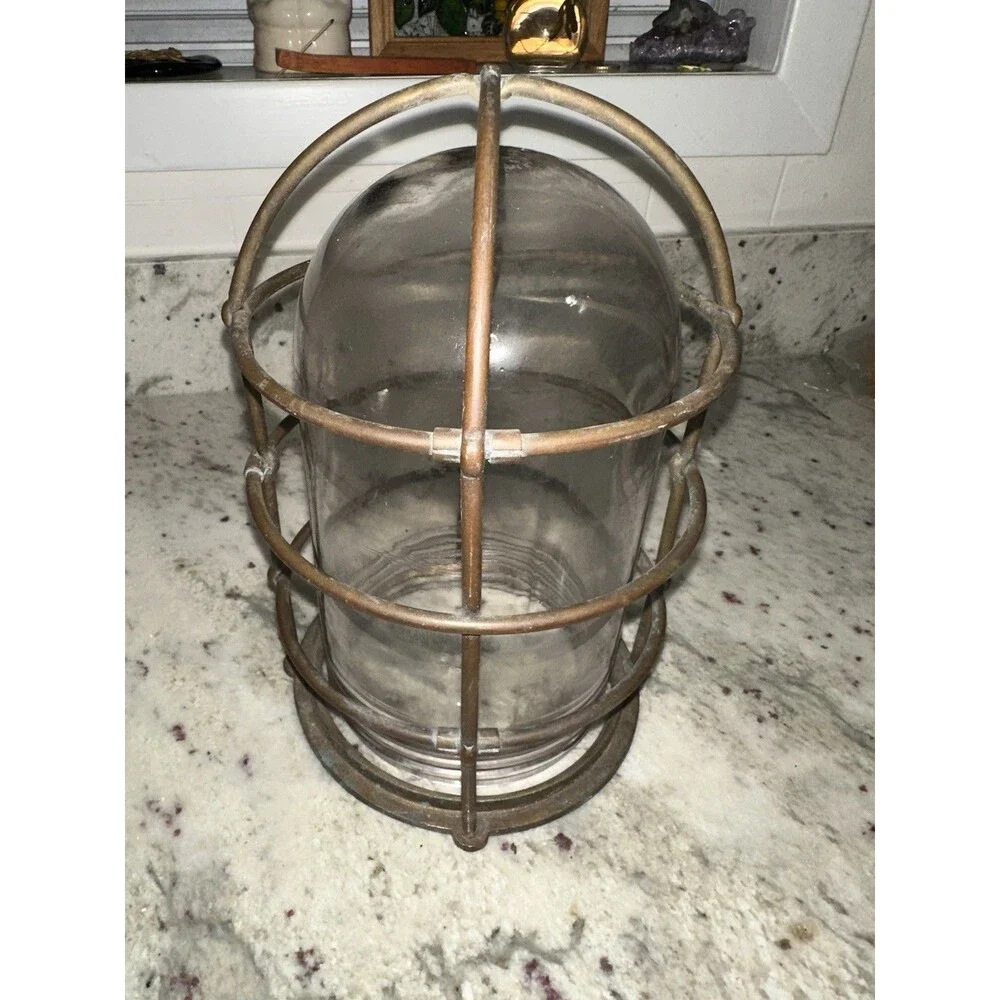 Vtg Russell & Stoll Brass Caged Nautical Overhead Cover & Glass Bulb R&S CO EUC